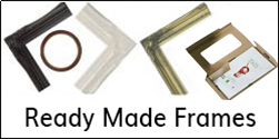 Various styles of ready-made picture frame corners in different finishes, including wood, black, white, and gold, along with round and oval frame samples, labeled 'Ready Made Frames' below.